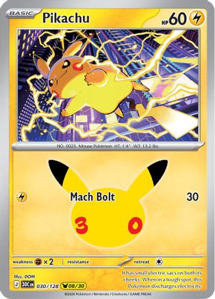 Pikachu 030/128/128  - Holofoil ME 30th Celebration - Pikachu Rare