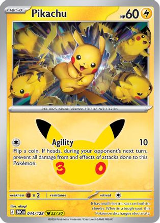 Pikachu 044/128/128  - Holofoil ME 30th Celebration - Pikachu Rare