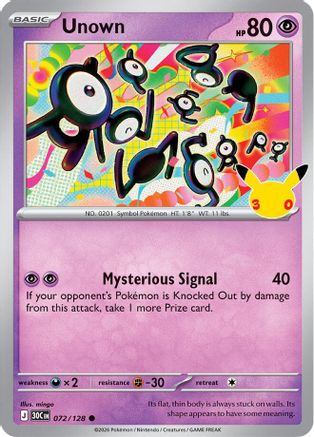 Unown 072/128/128  - Holofoil ME 30th Celebration - Common